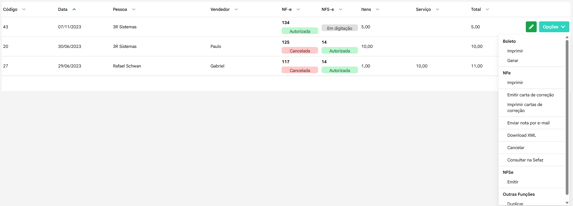 Menu de opções de uma nota autorizada no Easy, com as opções de cancelar e consultar na Sefaz disponíveis