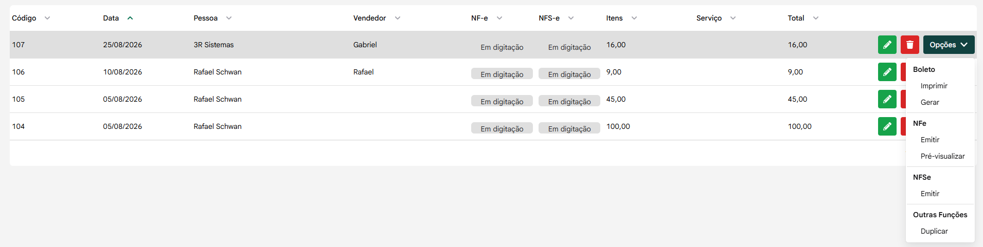 Menu de opções de uma nota em digitação no Easy, sem as opções de cancelar ou consultar
