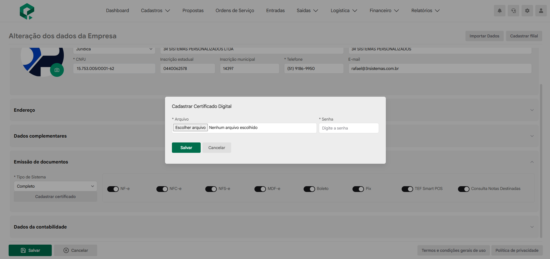 Modal de cadastro de certificado digital no Easy, com campos de arquivo e senha